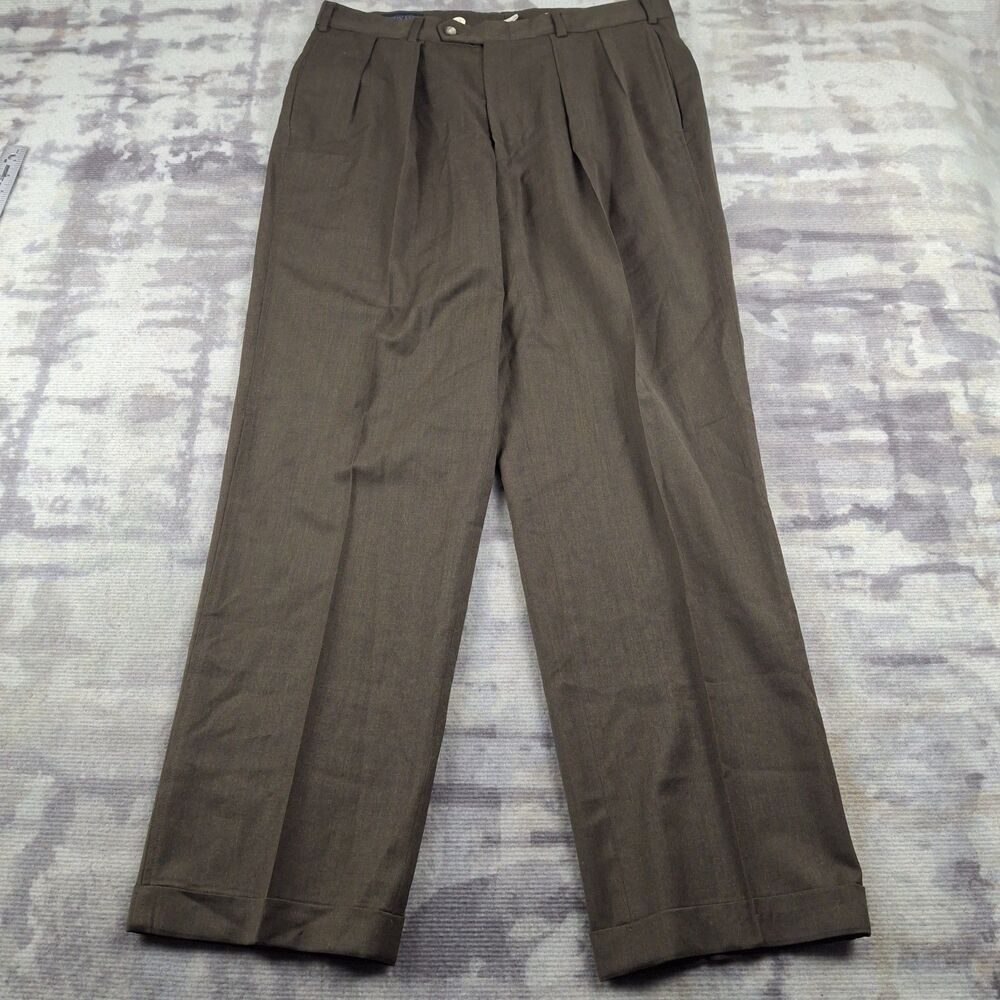 Vtg Lands End Direct Merchants Worsted Wool Pants Mens 35 Pleated Cuffed Brown